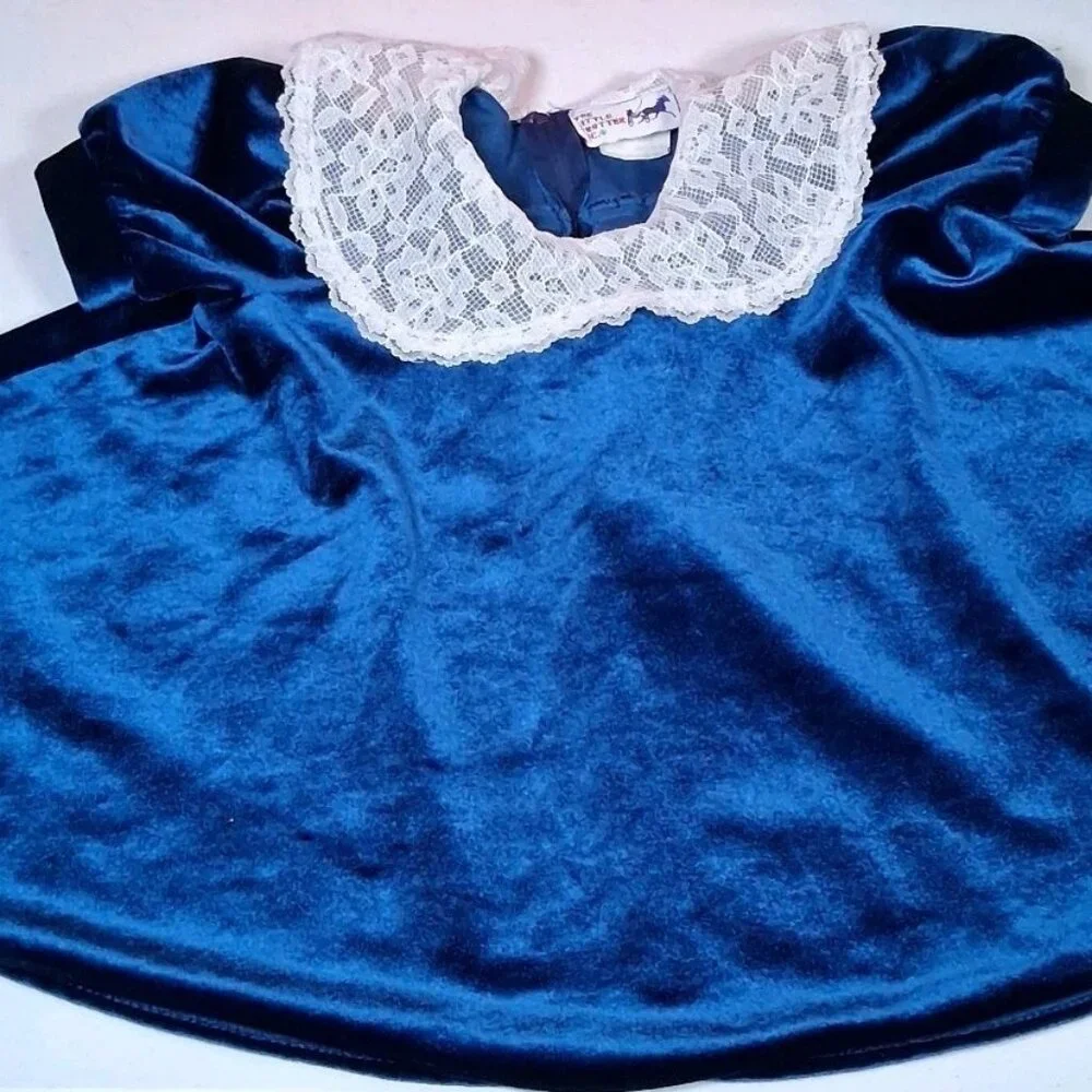 Vintage The Little Trotter Dress Size 4 Royal Blue Velour Lace Collar Party - Picture 8 of 16
